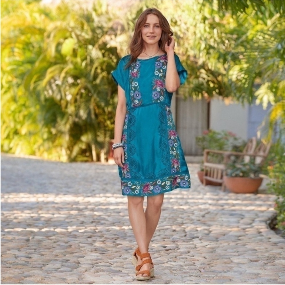 Sundance MP Malika Crinkle Cupro Floral Teal Embroidered Dress